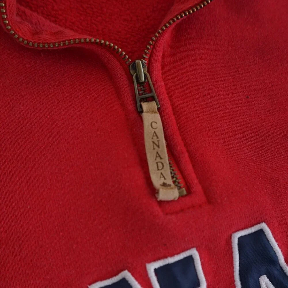 Vintage '90S Canadian Classics Red Navy Cotton Quarter Zip Pull Over Sweater L - Picture 10 of 11